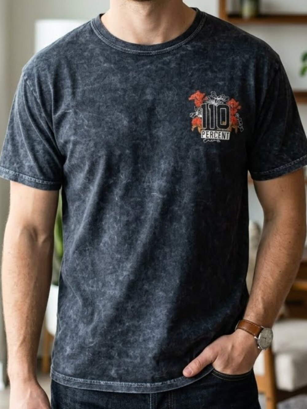 Men's Acid-Washed Charcoal Black Graphic Unisex Short Sleeve T-shirt Size L